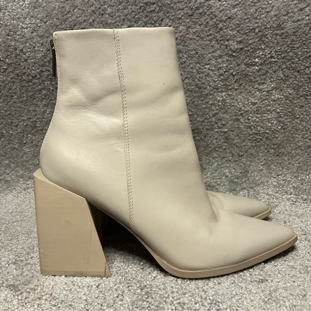 Steve Madden Tish Leather Ankle Boots Women's 8.5M Beige Pointed Toe Block Heel